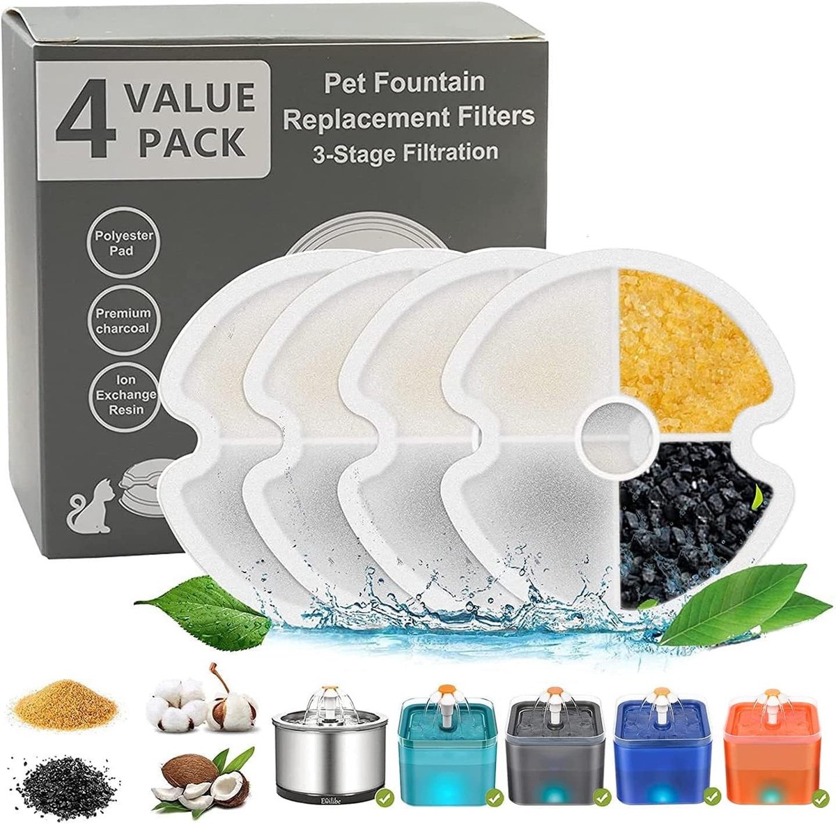Waterfontein voor kat - Actieve Koolfilter - 6 x 1,2 cm - Vervangingsfilter met Katoen en Ionenuitwisselingshars - Voor Katten en Honden