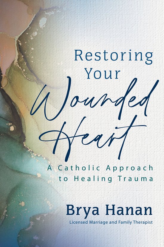 Boekomslag: "Restoring Your Wounded Heart" met abstract groen en goud aquarelpatroon op een witte achtergrond.