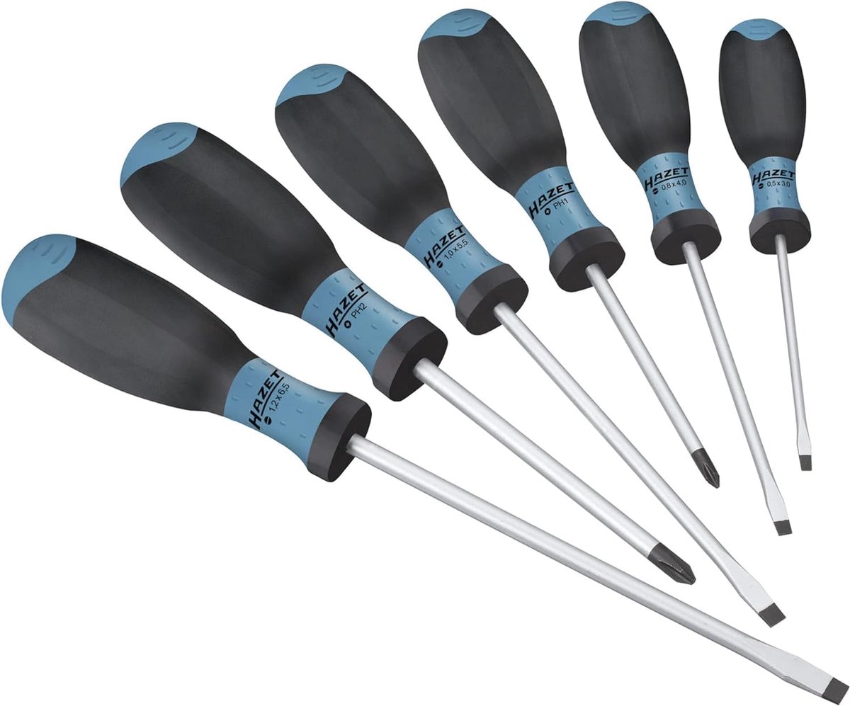 Famanu – Schroevendraaierset, 6-delige set met antislip 3-componenten handvat voor hoge krachtoverbrenging, mat verchroomd oppervlak, 4x sleuf profiel, 2x kruiskop profiel