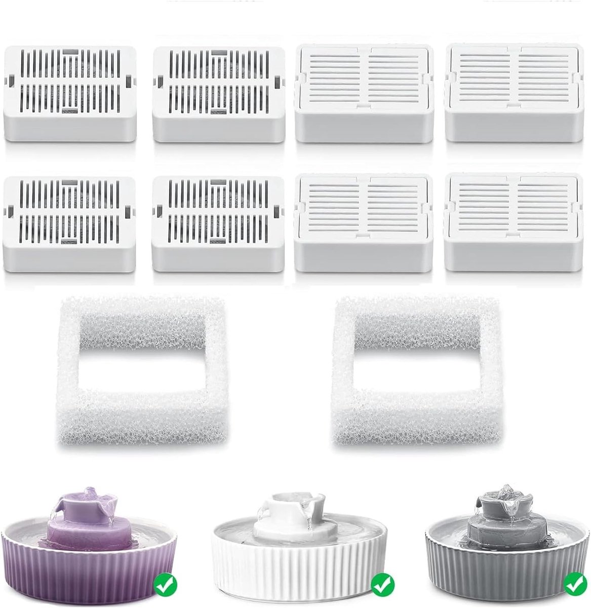 Waterfontein voor kat - Reservefilter - 8 stuks - Actieve kool en schuimfilter - Voor 2,1 liter keramische drinkfontein