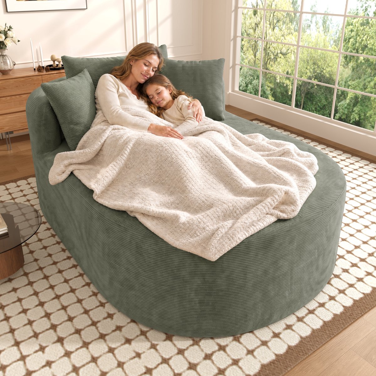 MIVRAY Relaxfauteuil 170 x 112,5 x 83 cm - Ovale Compressie Stoel Met Extra Diepe Zitting - Woonkamer En Leeshoek - Ribfluweel Groen