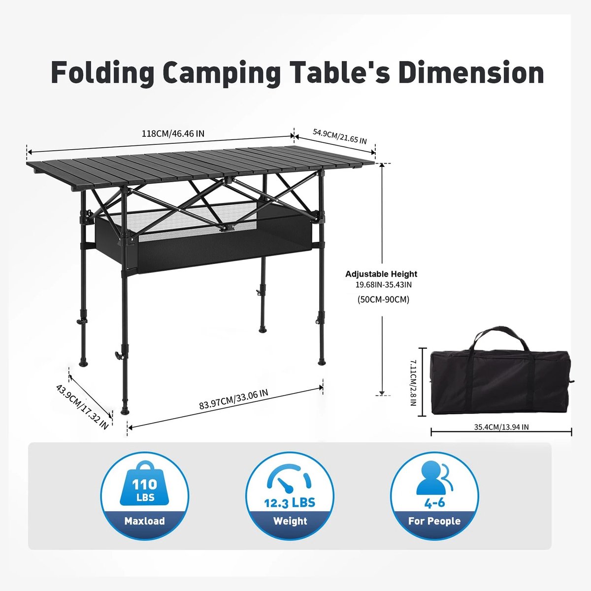 DeltaMerch Campingtafel - Inklapbare Tafel - Opvouwbare Tafel - Draagbaar - Praktisch - Incl. Opbergtas - 120 x 55 CM - Zwart