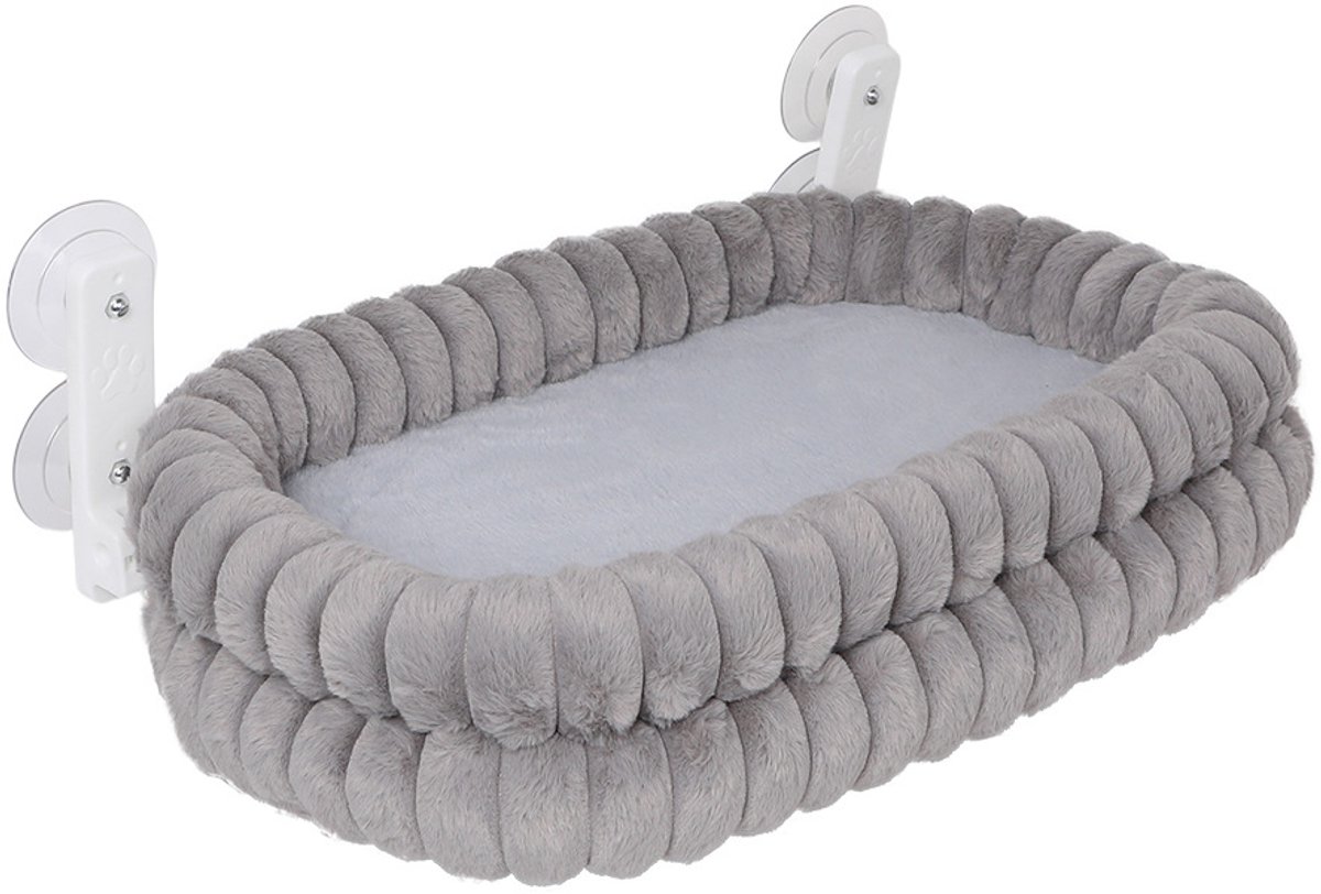 Kattenraamhangmat - Kattenbed - Opvouwbaar en Omkeerbaar Kussen - Afneembaar en Wasbaar - Ademend en Zacht - Stevige Zuignappen - Geschikt voor Binnenkatten - All-season Gebruik - Eenvoudig te Installere- Draagvermogen 15 kg - 63×42×24cm - Grijs