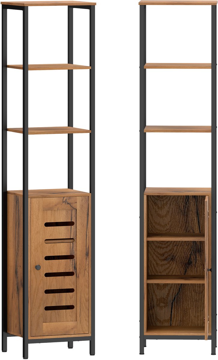 TEKROA® Badkamerkasten - ruimtebesparende badkamerkast met soft-close deuren - 3 open planken - verstelbare planken - 37L x 30P x 167A cm - rustiek bruin