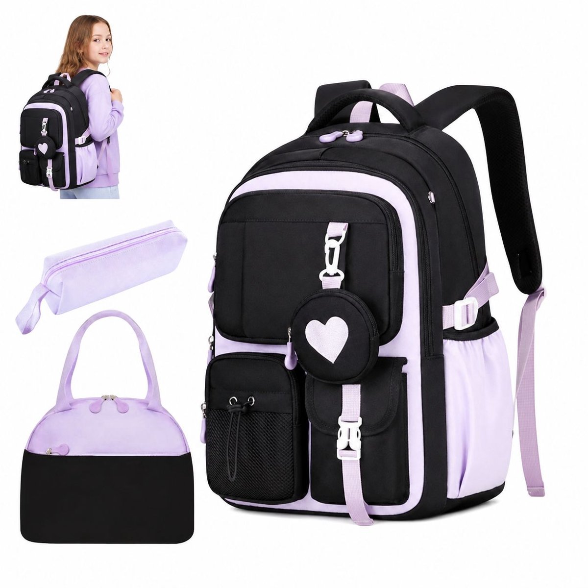 Bobypet - Schoolrugzakset - 3-delig met lunchtas en etui - 15,6 inch laptopvak - voor school en reizen - paars