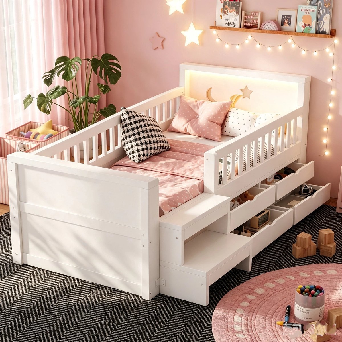 Kinderbed 90 × 200 cm, Eenpersoonsbed, Hoofdeinde Met Opengewerkte Ster- En Maanmotieven, Voorzien Van Lades, Opstapje En Veiligheidshekje, Met Ledverlichting, Multifunctioneel Eenpersoonsbed, Wit