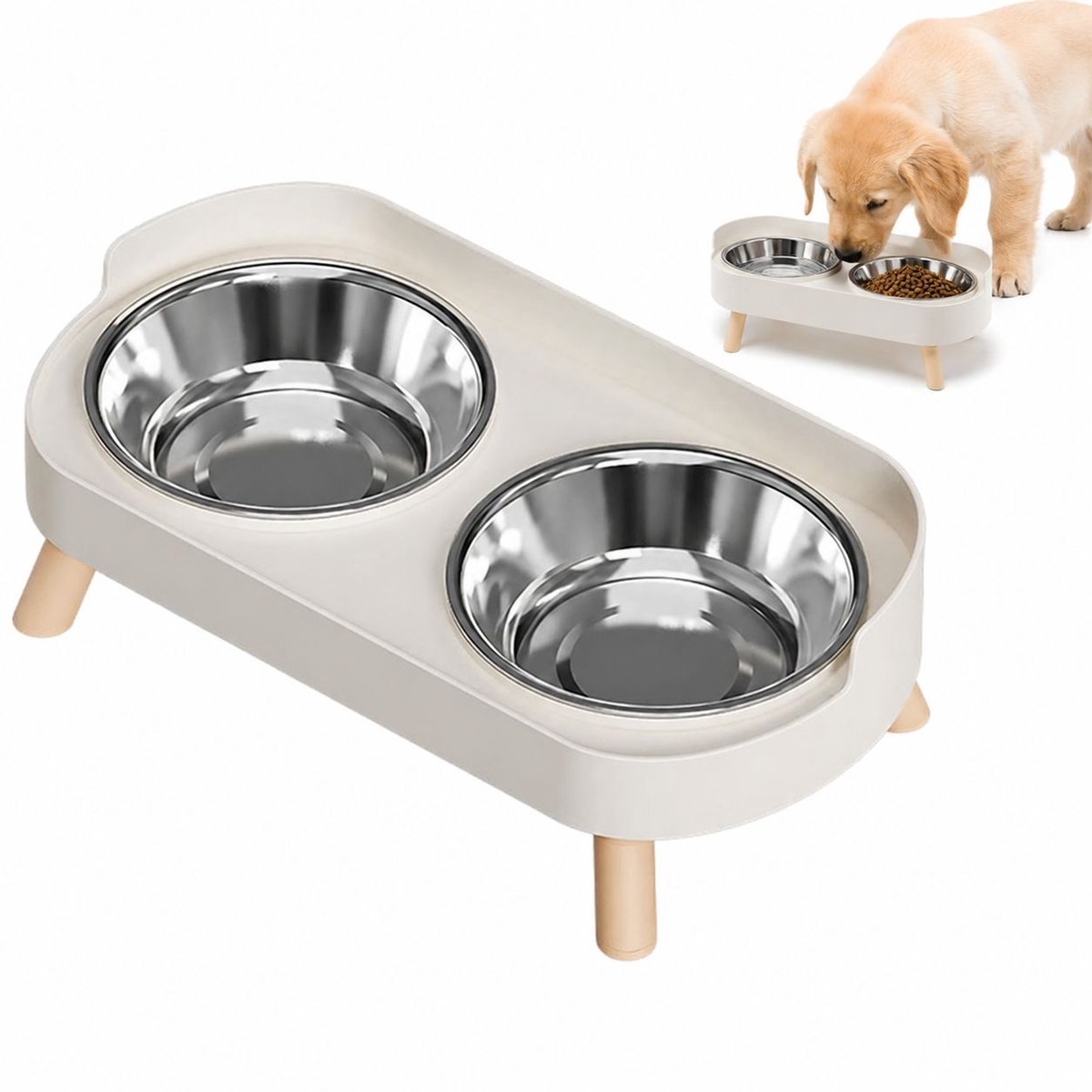 Bobypet - Verhoogde voerbak - dubbele RVS voerbak met verstelbare standaard - voor honden en katten - wit