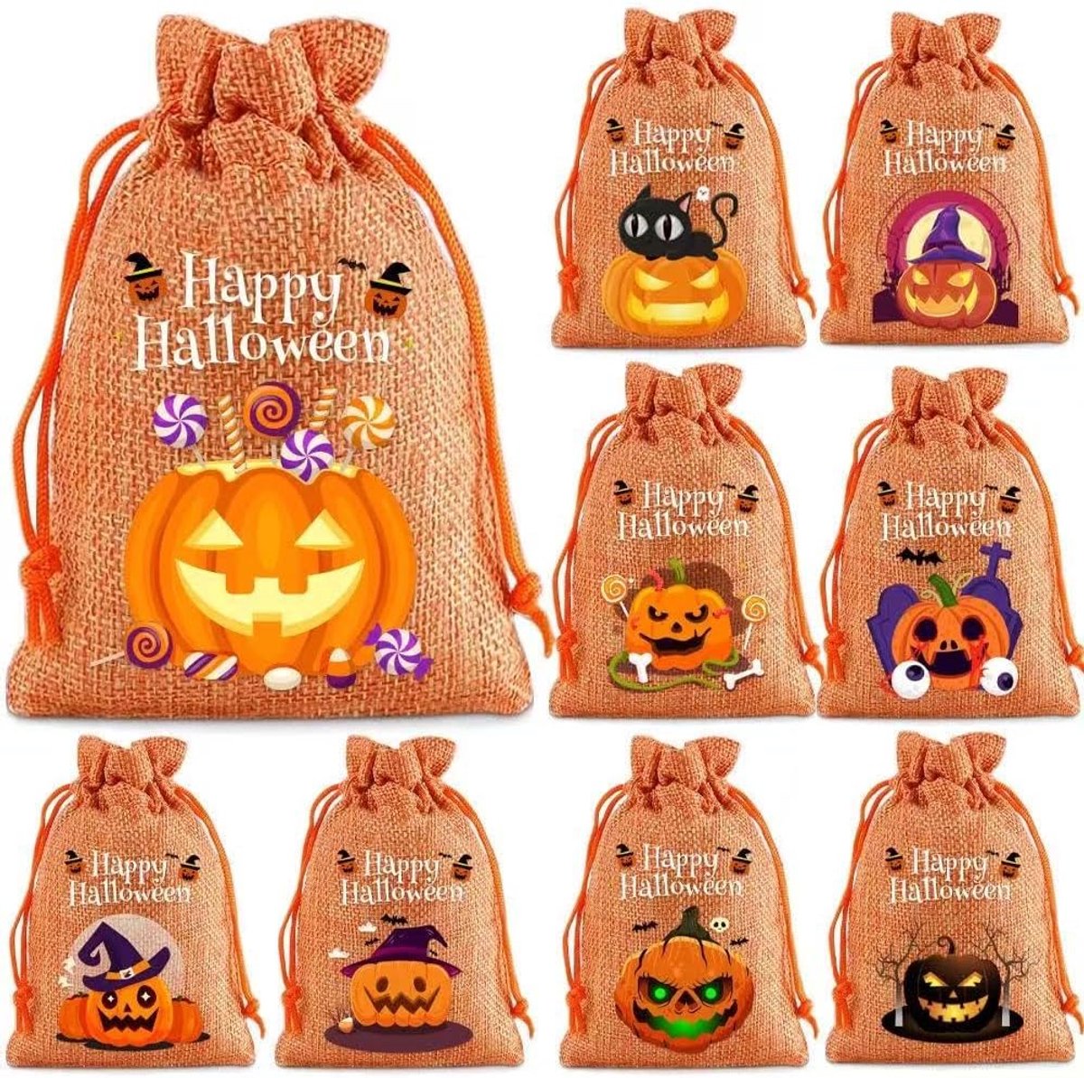 12 Cadeauzakjes met trekkoord – Voor Halloween-traktaties en decoratie – "Trick-or-Treat"-snoepzakjes – Cadeauzakjes – Zakjes met sluitkoord – Snoepzakjes met trekkoord - Oranje