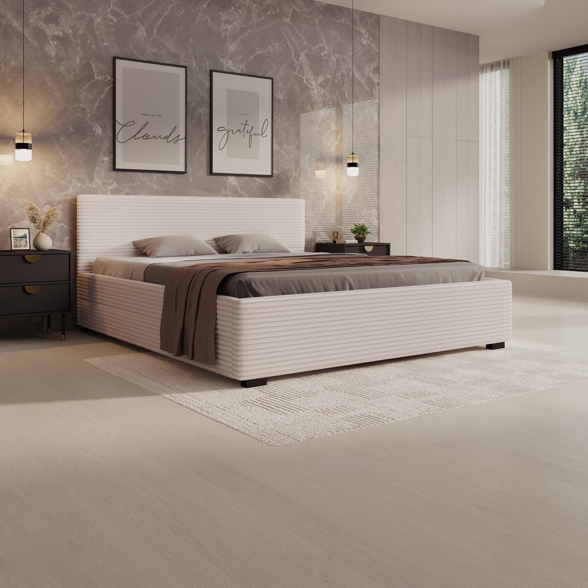 Meubella - Tweepersoonsbed Loox - Beige ribstof - 180x200 cm