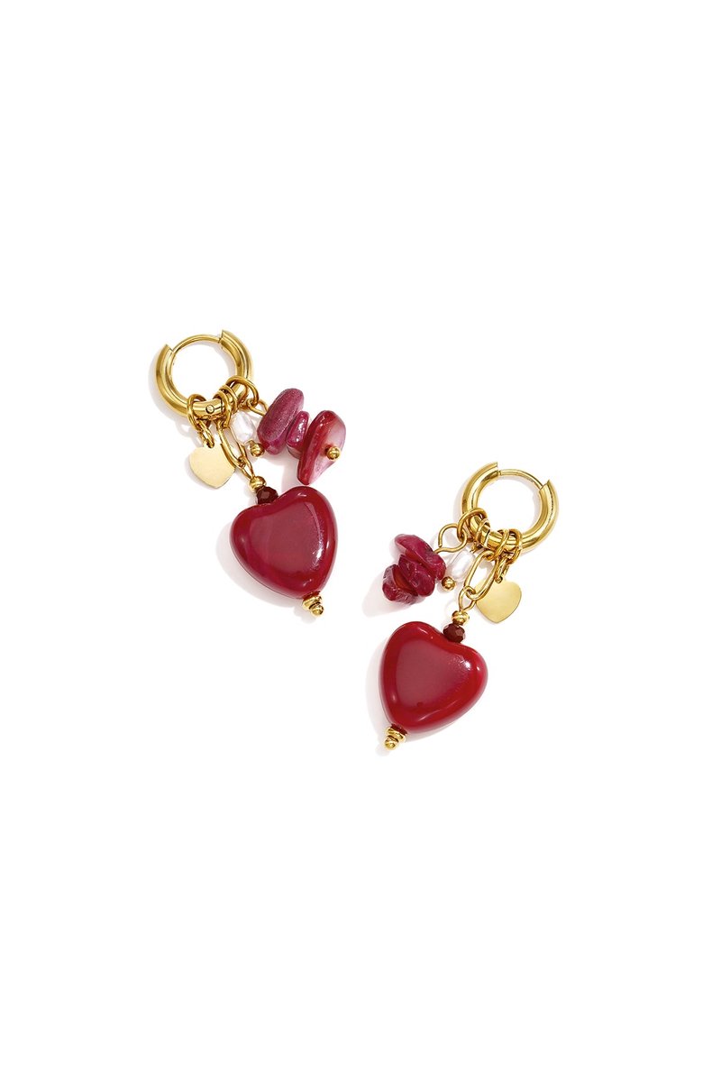 Lola - Hartjes Oorbellen - Bruin & Wijnrood - Stainless Steel - - Red