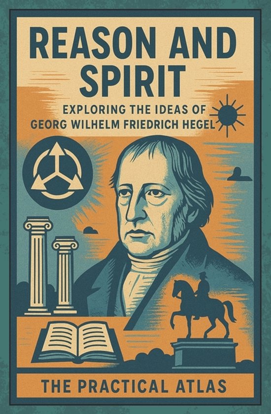 Boekomslag: Reason and Spirit, portret van Hegel, klassieke zuilen, een boek, ruiterstandbeeld en een zon in retrostijl.