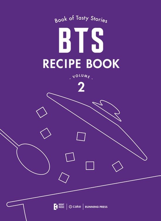 BTS Recipe Book Volume 2, een kookboek met een paarse kaft met witte tekst en illustraties van keukengerei en blokjes.