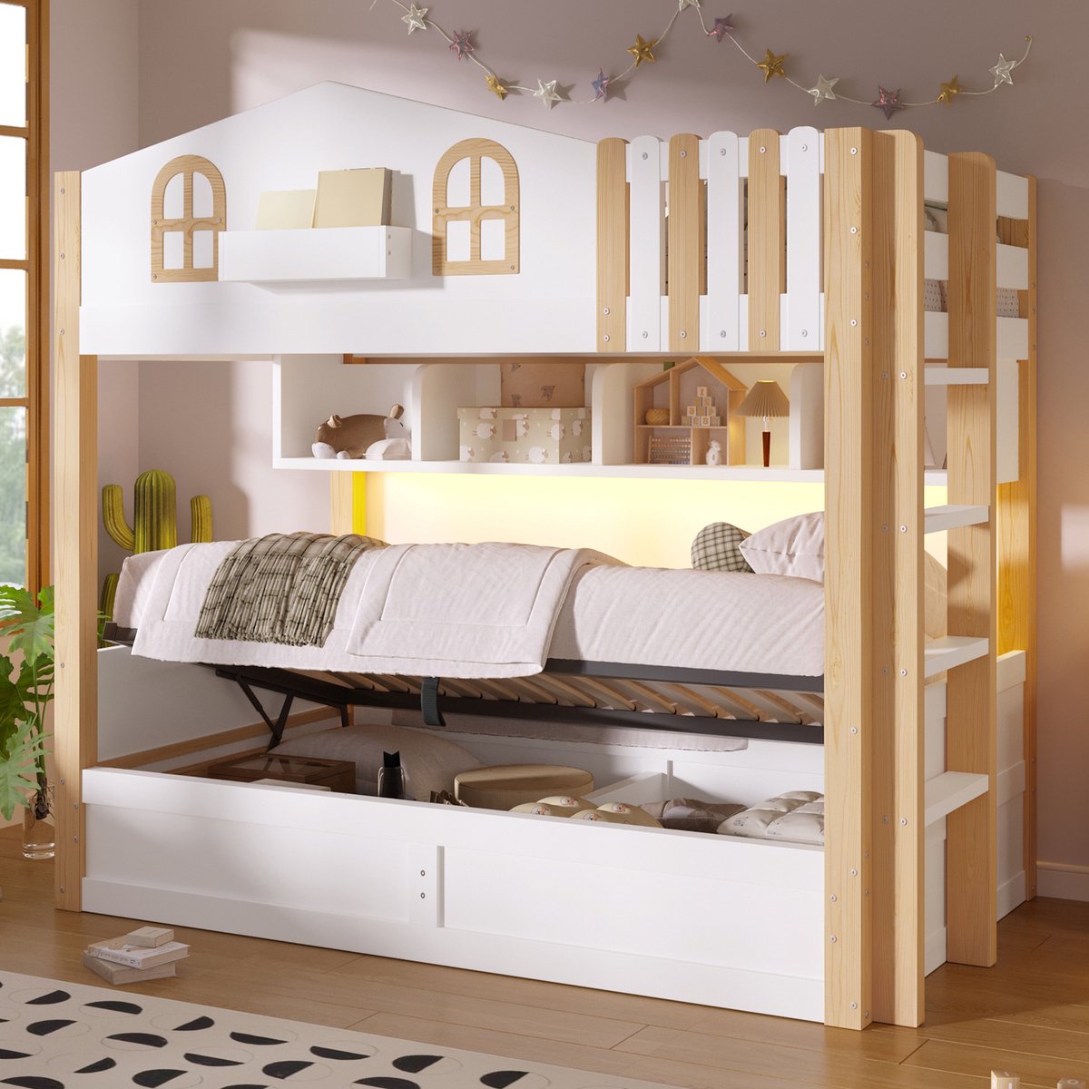 MIVRAY Stapelbed 90x200cm - Kinderbed Met Matras Zonder Matras - Huisvorm Met Hydraulische Opbergruimte en LED Verlichting - Hout MDF Spaanplaat - Wit Natuur