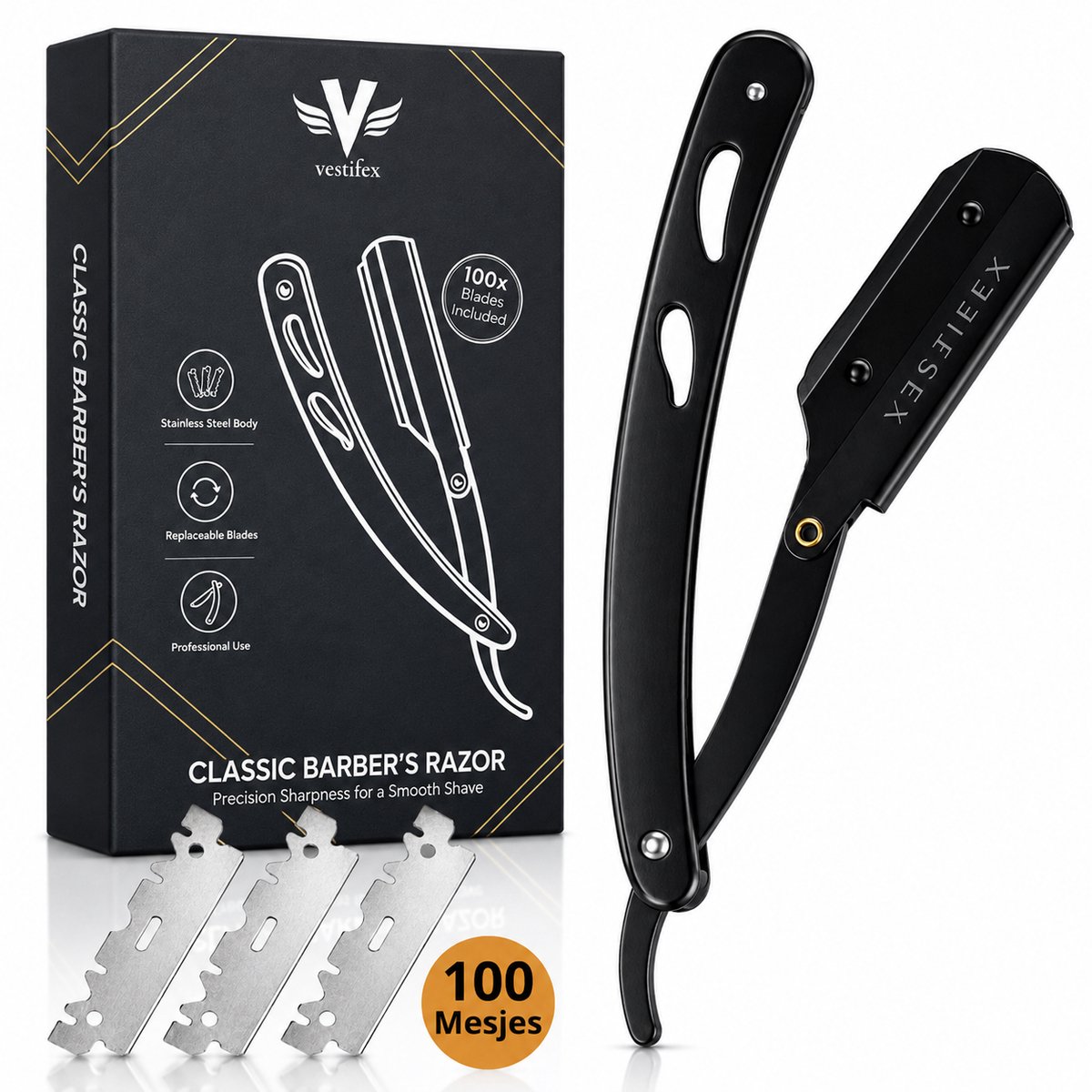 Vestifex® Professionele Barbiersmes met 100 Mesjes - Shavette Open Scheermes - Straight Safety Razor - Klassiek Kappersmes