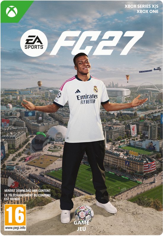 FC27 gamecover met Kylian Mbappé in Real Madrid shirt, staand op een heuvel met uitzicht op een stad.