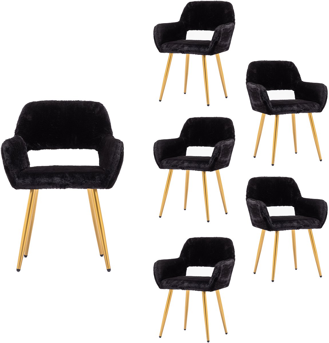Luxe Eetkamerstoel - Set Van 6 met Teddy Stof en Open Rug - Zwart
