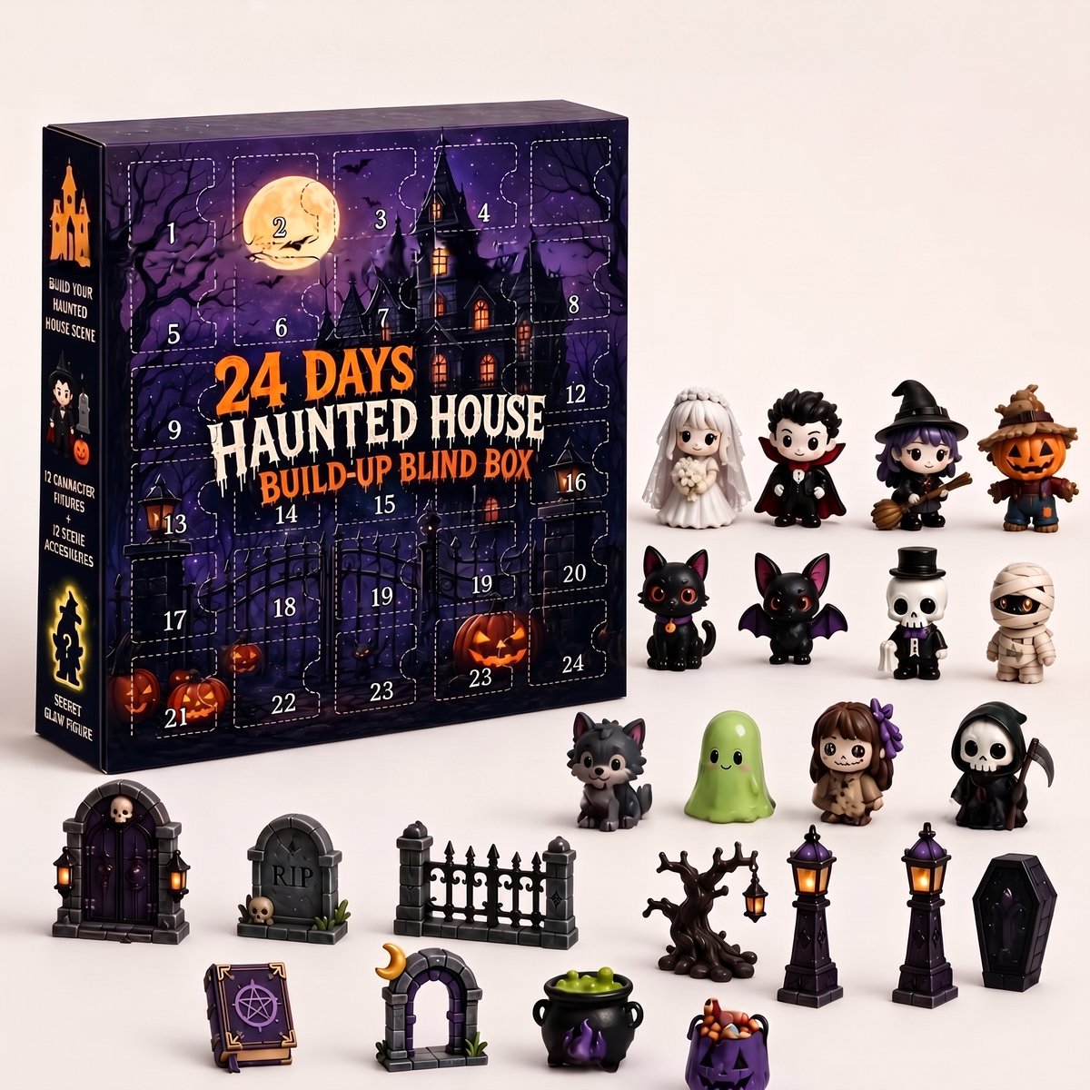 Ryoudavell - Halloween Adventskalender 24 Dagen - Halloween Blind Box Aftelkalender met 24 Verrassingen - Griezelige Poppetjes en Spookhuis Accessoires - Halloween Decoratie & Tafel Versiering - Cadeau voor Kinderen en Volwassenen