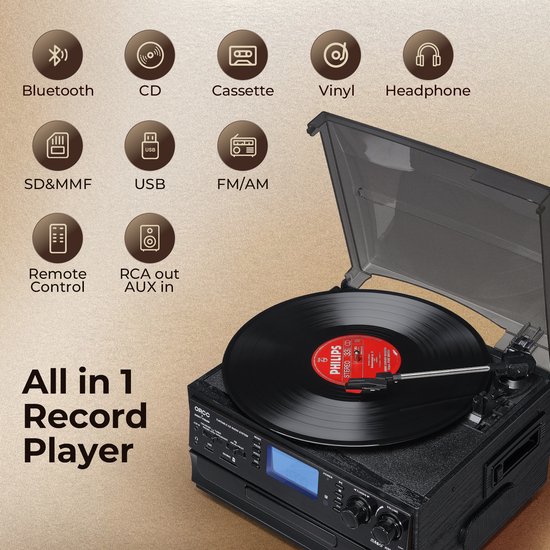 ORCC 10-in-1 Platenspeler Vintage - Bluetooth Vinyl Platenspeler met CD, USB, SD, AUX, RCA, Ingebouwde Stereo Speakers, Afstandsbediening, 33/45/78 RPM en Houten Behuizing - Donkergrijs — afbeelding 5