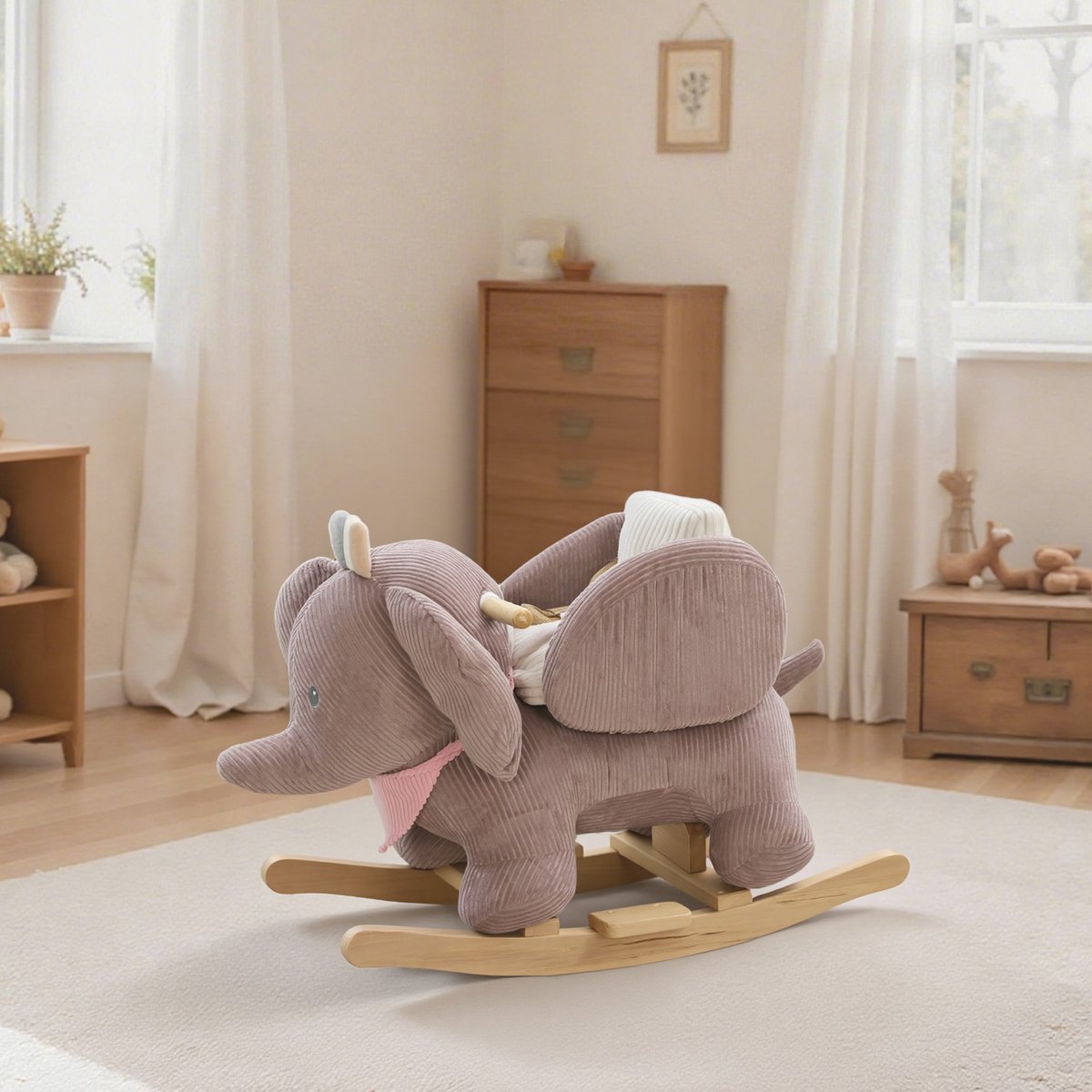 TEKROA® - Babyschommelpaard - met olifantengeluid en 3-punts veiligheidsgordel - bruine houten voet - 65x32x49 cm
