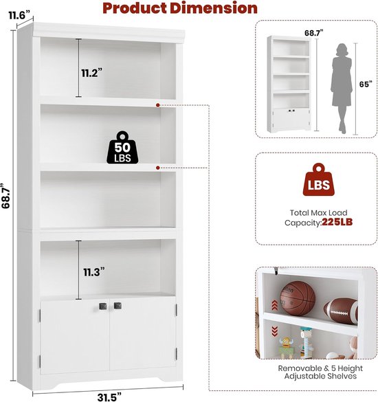 Witte boekenkast met afmetingen en belastingsinformatie. 68,7" hoog, 31,5" breed.
