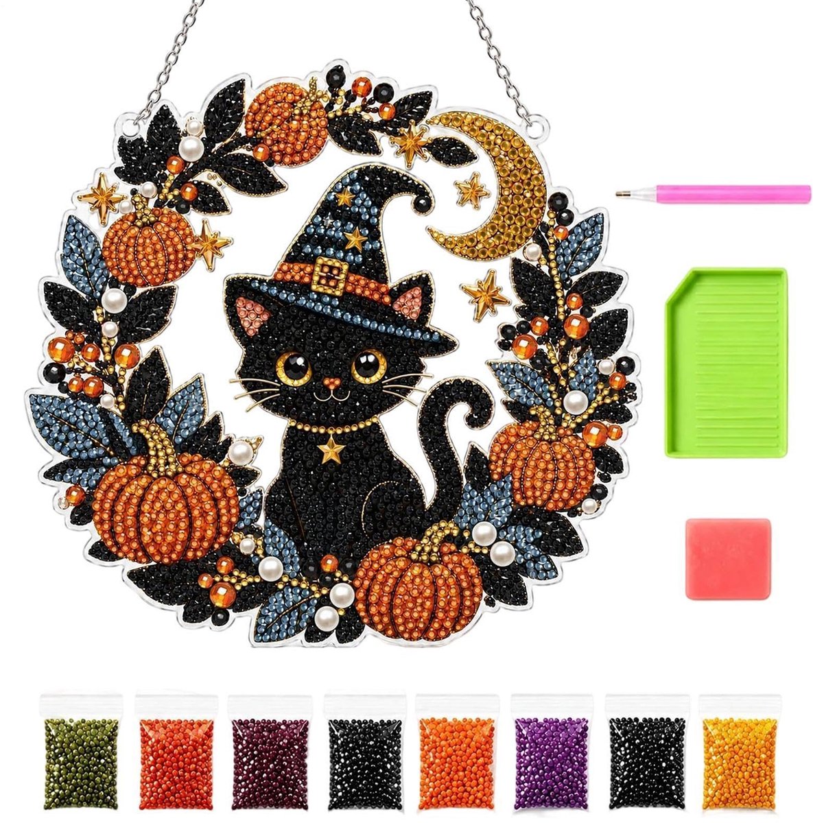 Ryoudavell - Halloween Diamond Painting Krans Kat - DIY Schilderij met Steentjes en Parel Kralen voor Volwassenen - Deurhanger Raamdecoratie & Muurdecoratie Herfst - Halloween Decoratie Pompoen Huisversiering - Cadeau 25cm