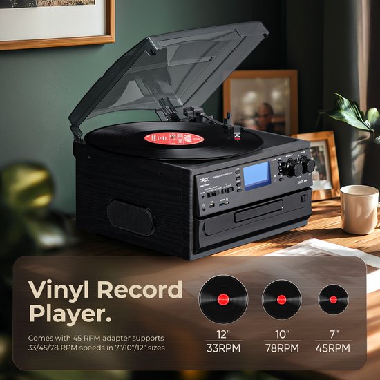 ORCC 10-in-1 Platenspeler Vintage - Bluetooth Vinyl Platenspeler met CD, USB, SD, AUX, RCA, Ingebouwde Stereo Speakers, Afstandsbediening, 33/45/78 RPM en Houten Behuizing - Donkergrijs — afbeelding 2