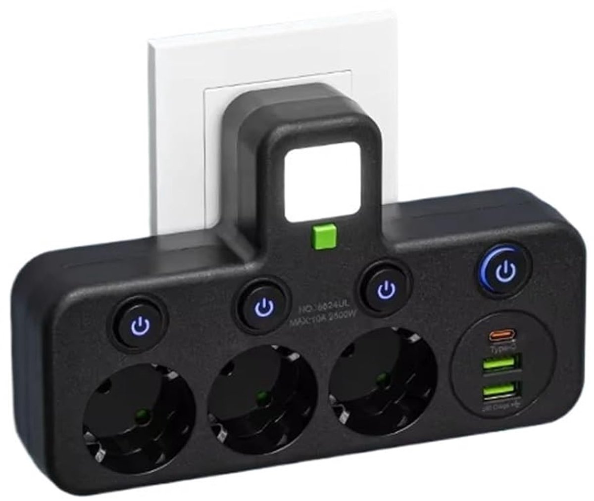 KZQ Wandstekkerdoos Met 3 Stopcontacten, 2 Usb En Type-C – Direct Zonder Snoer Voor Thuis En Kantoor Zwart