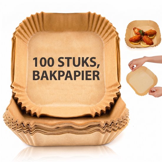 Stapel bruine, vierkante bakpapiervormen. Tekst: 100 STUKS, BAKPAPIER.