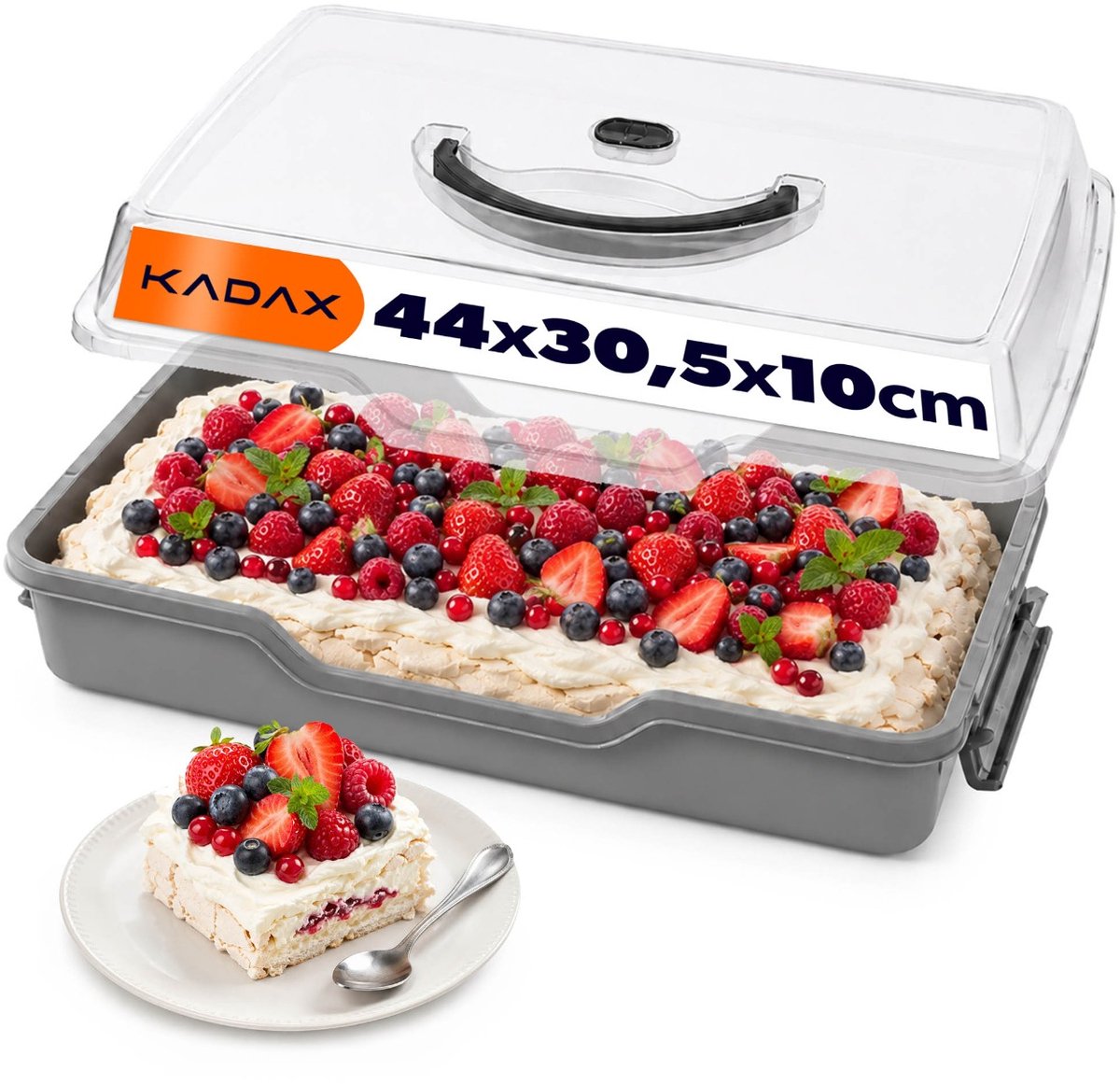 KADAX taartdoos 44 x 30,5 x 10 cm, taartdoos met deksel en handvat, rechthoekige taarttransportdoos van kunststof, transportdoos voor plaattaarten, taartdoos (donkergrijs)