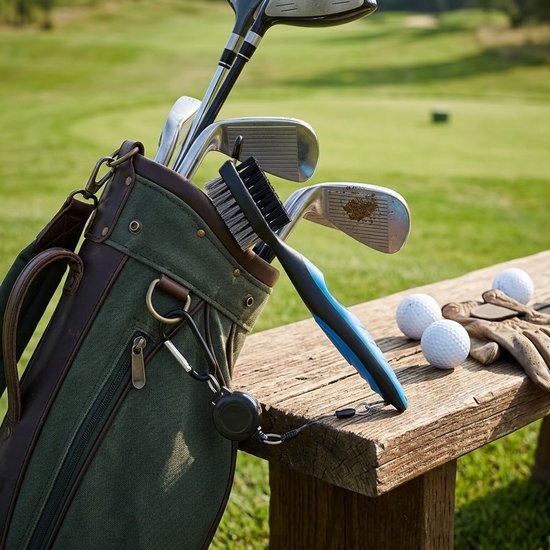 Blauwe golf schoonmaak borstel golf club reinigingsborstel unisex dubbelzijdige club reiniger met nylon en staal haren uitschuifbaar trekkoord karabijnhaak golf accessoire voor golf clubs en clubhoofden — afbeelding 5