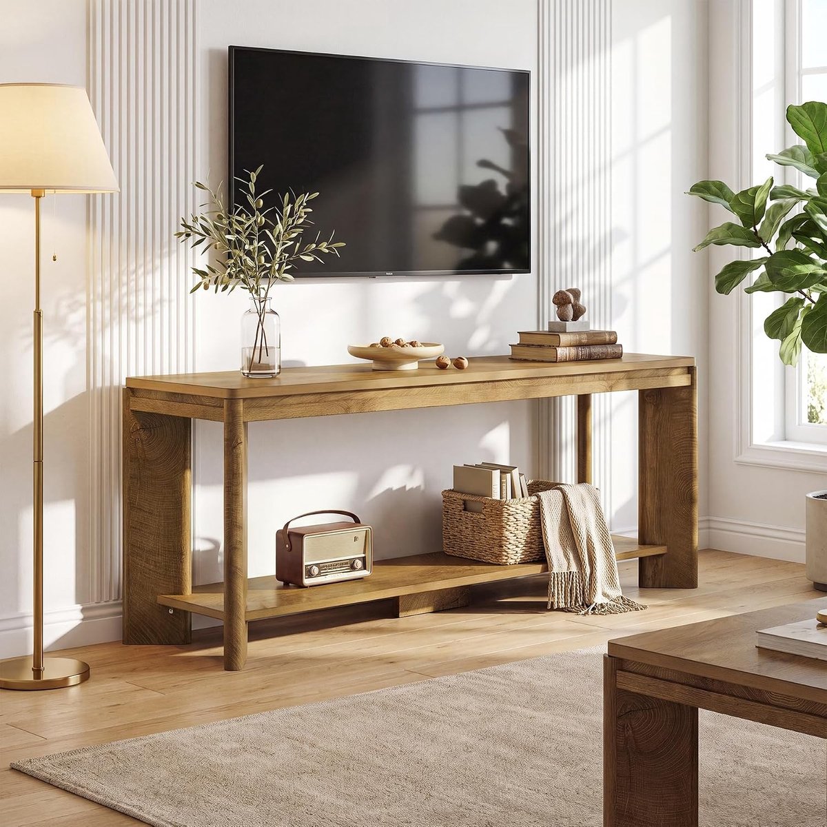 LITTLE TREE TV-meubel - 160 x 40 x 60 cm - Lowboard voor tv's tot 70 inch - 2‑laags open opbergruimte - Houten tv‑meubel voor woonkamer en slaapkamer - Bruin