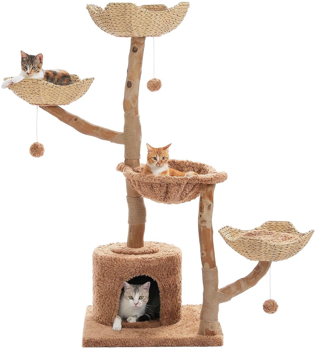 CreateEcom Krabpaal - Kattenboom - Krabmeubel - Voor binnen - Met rieten mand - Modern Kattenmeubilair - 150 cm - 5 laags - hout - bruin