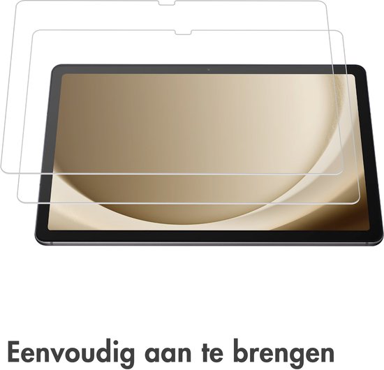 Twee screenprotectors van gehard glas voor een tablet, met tekst 'Eenvoudig aan te brengen'.