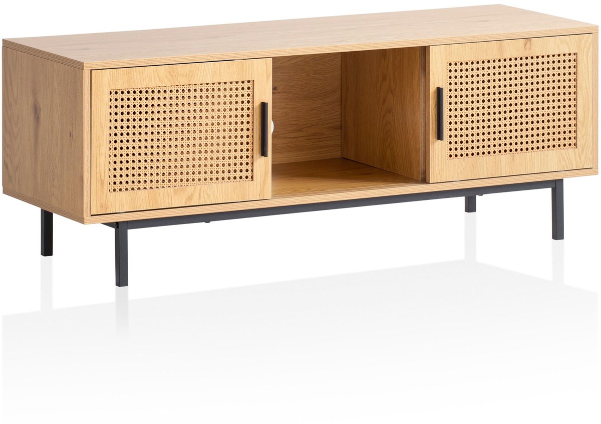 Ervesto WL6.832 - Tv-meubel Lowboard 120x45,5x40 cm - Eiken Decor Met Weens Vlechtwerk - Rotan Schuifdeuren - Opbergvakken - Voor Tv’s Tot 60 Inch