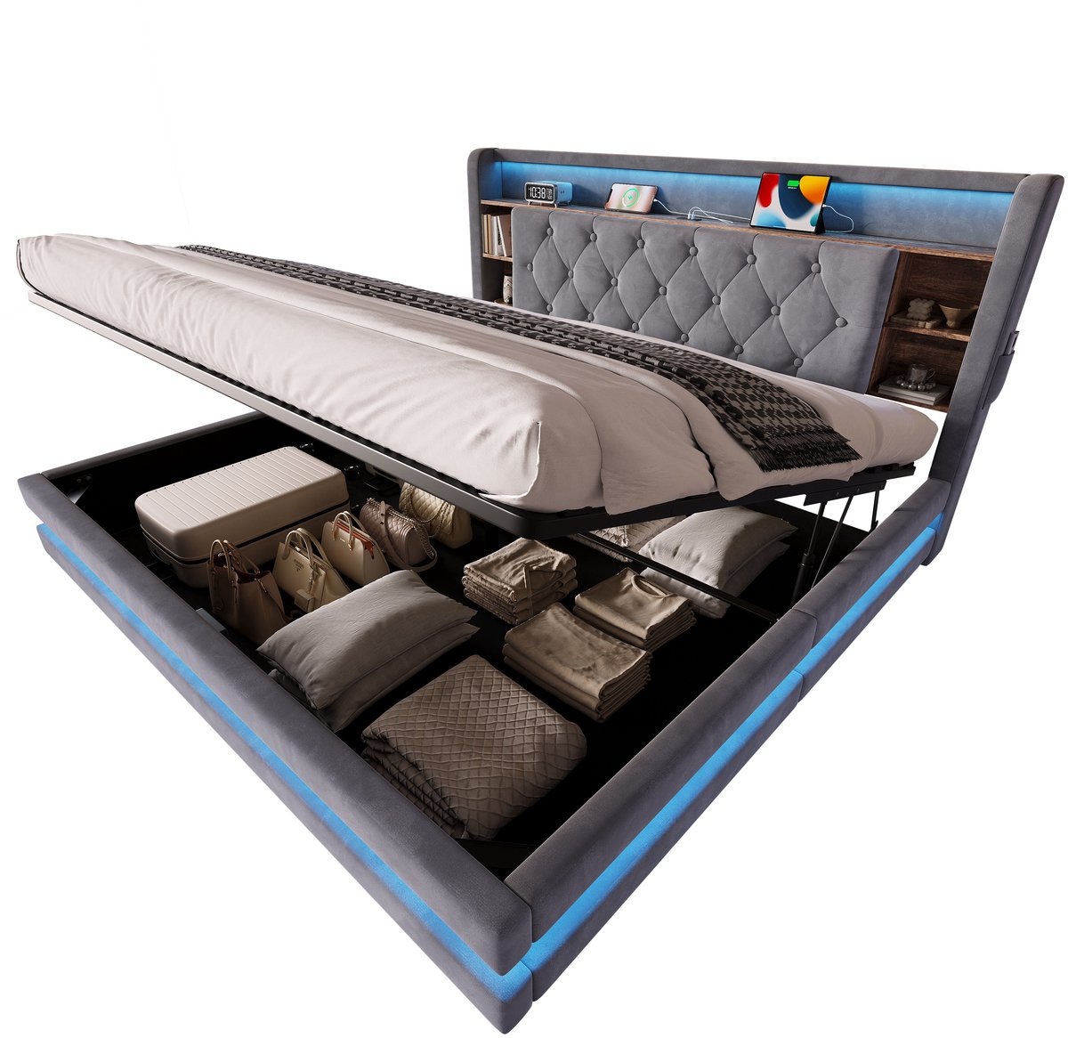 Merax Tweepersoonsbed 180x200 cm - Gestoffeerd Bed Van Fluweel - Hydraulische Opbergruimte - LED Verlichting - USB En USB-C - Donkergrijs