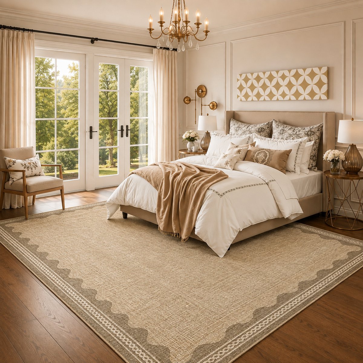 Modern Border Wave Vloerkleed – Wasbaar, Anti-slip, Laagpolig, voor Woonkamer, Slaapkamer, Keuken, Flaxen