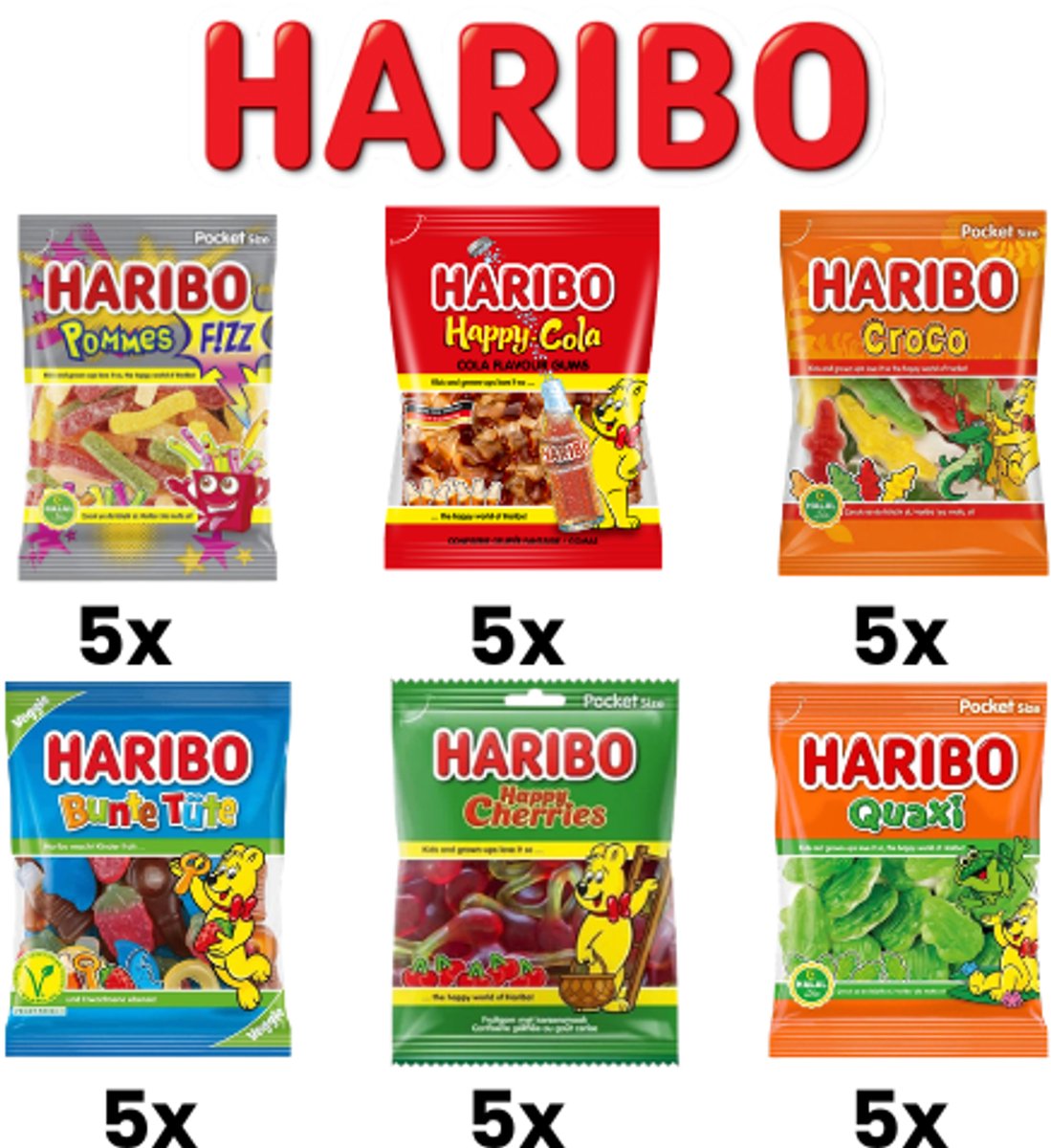 Haribo Mix Pack - Happy Cola - Pommes - Croco - Kersen - Quaxi - Bunte Tute - Halal- Vegan - Snoep - Haribo