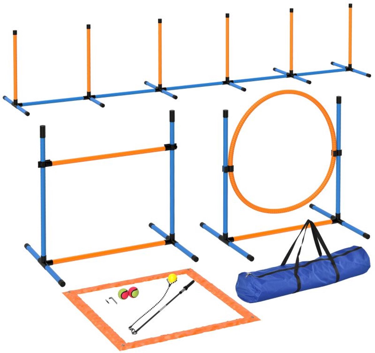 Hondentraining behendigheidsset 7-delig 348×69×69cm blauw+oranje kunststof behendigheidsmateriaal verstelbare hoogte met draagtas bevordert interactie en zelfvertrouwen geschikt voor hindernissen, hoepels en slalomstokken