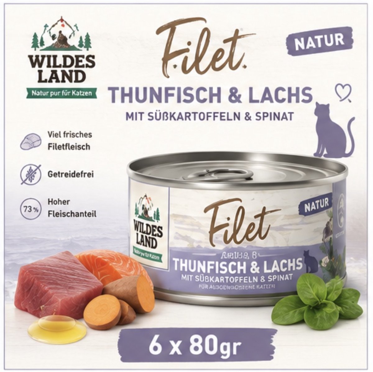 Wildes Land Wildes Land Filet Tonijn & Zalm met Zoete Aardappel & Spinazie - Katten natvoer - 6x80gr