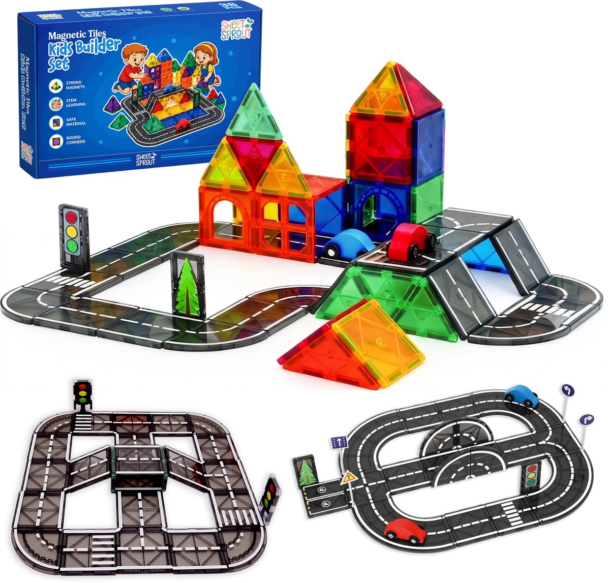 Magnetic tiles - Racebaan - Magnetische tegels - Bouw jouw magna wereld - Magneten speelgoed - Magneet tegels - Montessori - Bouwstenen - Travel set - Constructiespeelgoed — cadeau in Spellen & Speelgoed - foto 2