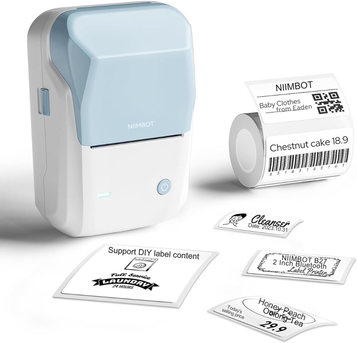 QUOVO® Labelmaker met 1 Rol Starter Tape – Label Maker met Bluetooth – Thermische Labelprinter – IOS en Android – Print Breedte 20/50mm - Blauw- 13cm x 6cm x 9cm
