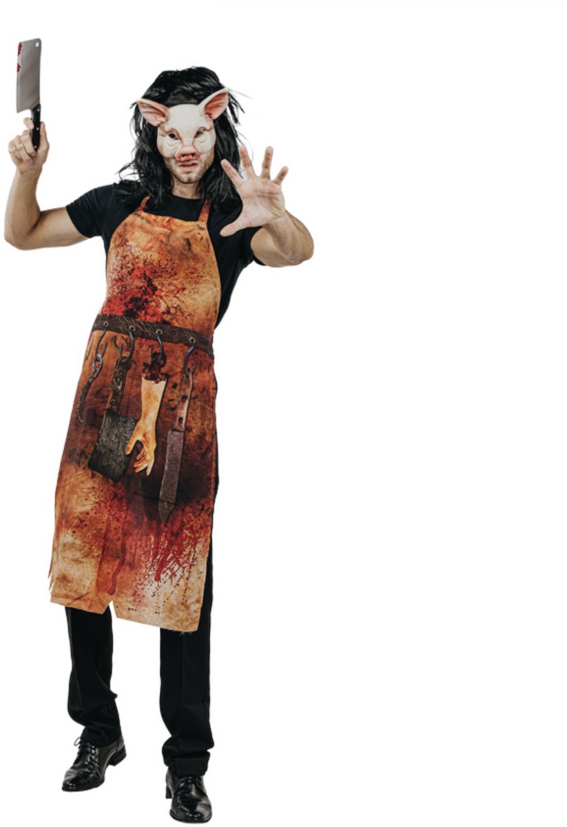 Joya Party® Horror Slager Kostuum Heren | Varkens Slager Verkleedpak Man | Varkensmasker & Bebloed Slagersschort | Scary Halloween Kostuum Mannen | Horror Verkleedkleding | Maat M/L