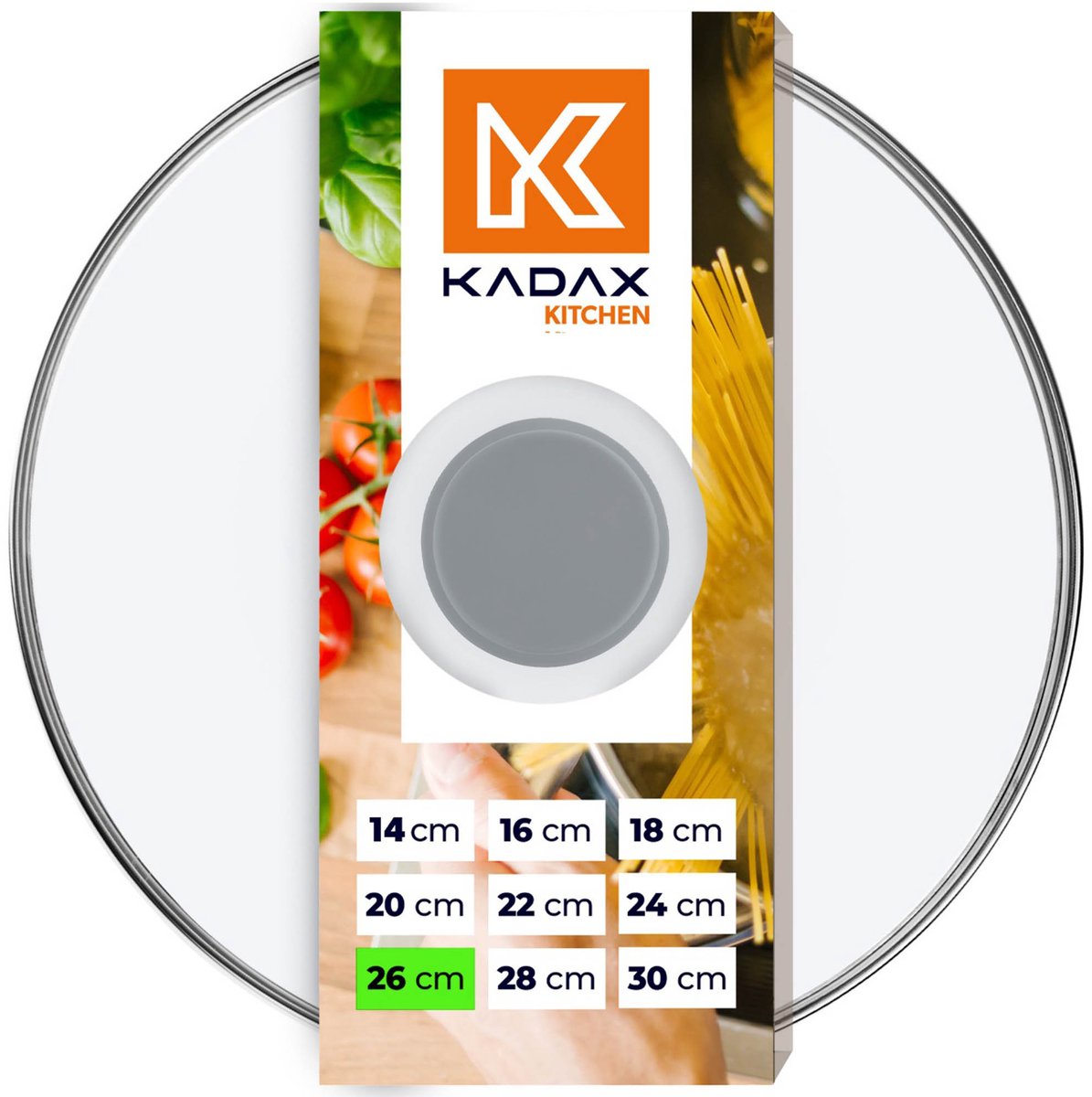 KADAX glazen deksel met siliconen handgreep, hittebestendig deksel voor potten, deksel met stoomgat, universeel deksel in verschillende maten, rond (26 cm, grijs)