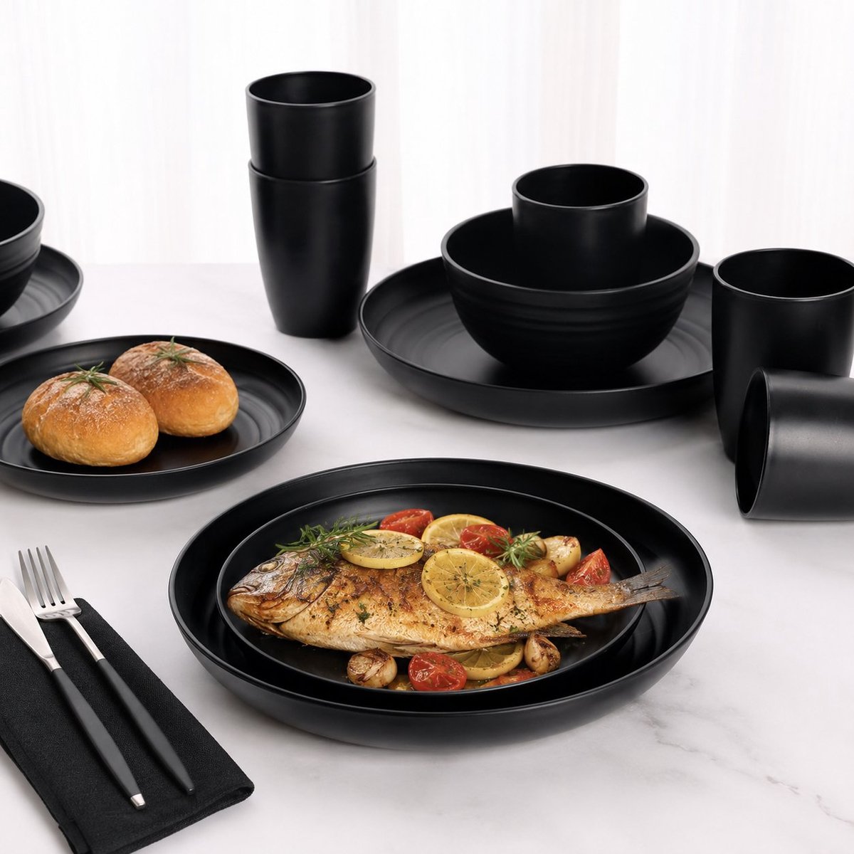 R&H® Onbreekbaar Plastic Servies Set – 32 Delig, 8 Dinerborden 25 cm, 8 Saladeborden 20 cm, 8 Kommen 720 ml, 8 Kopjes 360 ml, Vaatwasser- en Magnetronbestendig, BPA-vrij