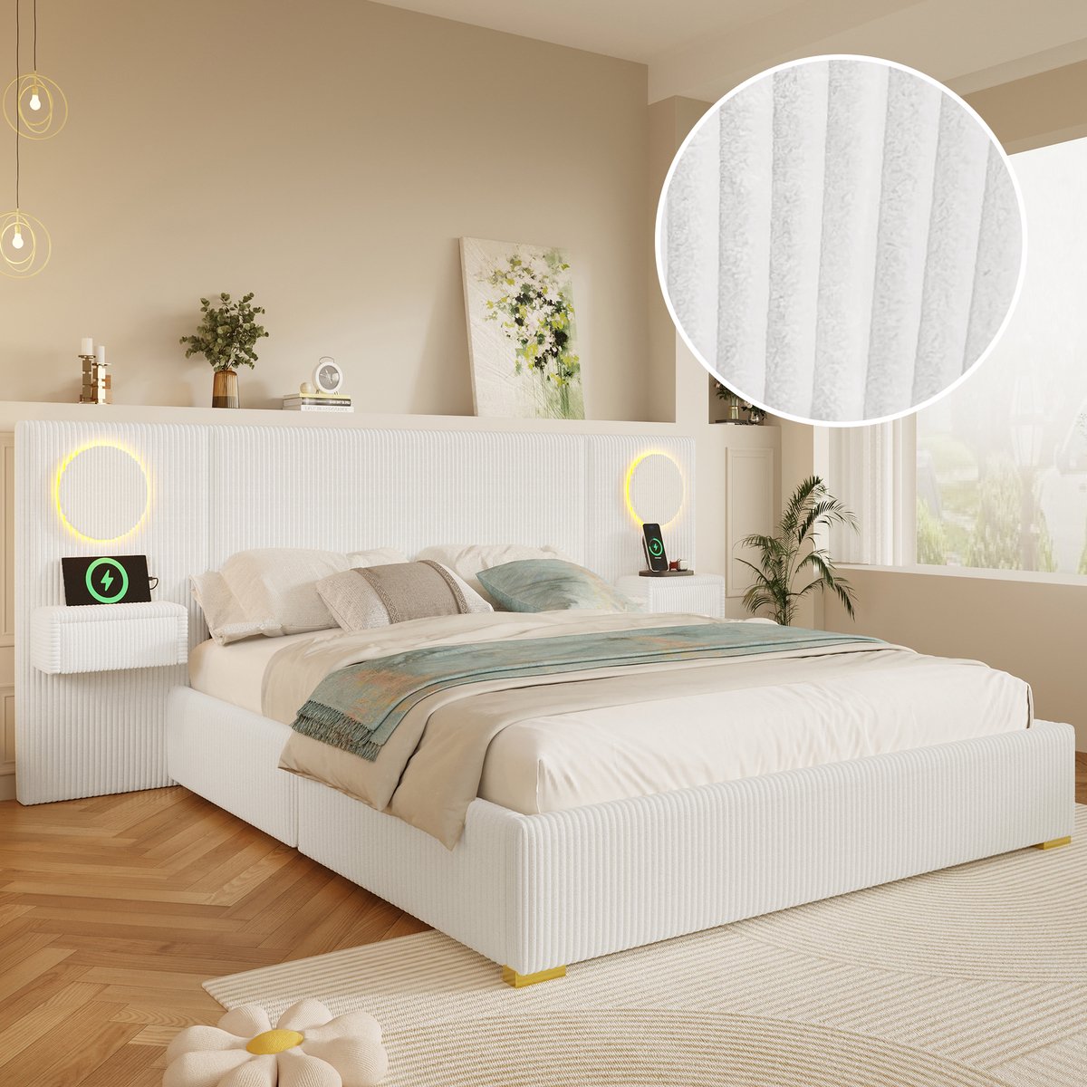 STILVORA Gestoffeerd Bed 180x200 cm – Led Hoofdbord Met Usb Aansluitingen – Nachtkastladen Met Opbergruimte – Voor Volwassenen – Velours – Beige – Zonder Matras