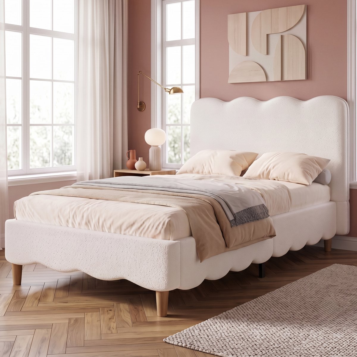Gestoffeerd Bed 90 x 200 cm – Single Bed Met Lattenbodem En Hoofdbord – Opbergruimte Onder Het Bed – Voor Kinderkamer – Bouclé – Wit – Zonder Matras