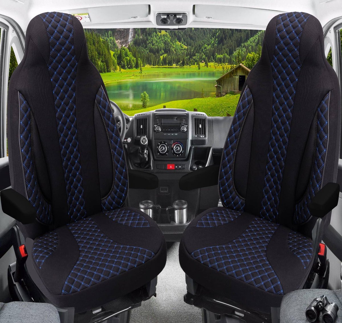 Premium Camper stoelhoezen voor Roller Team WPL406 in Zwart/Blauw (2 losse stoelen)