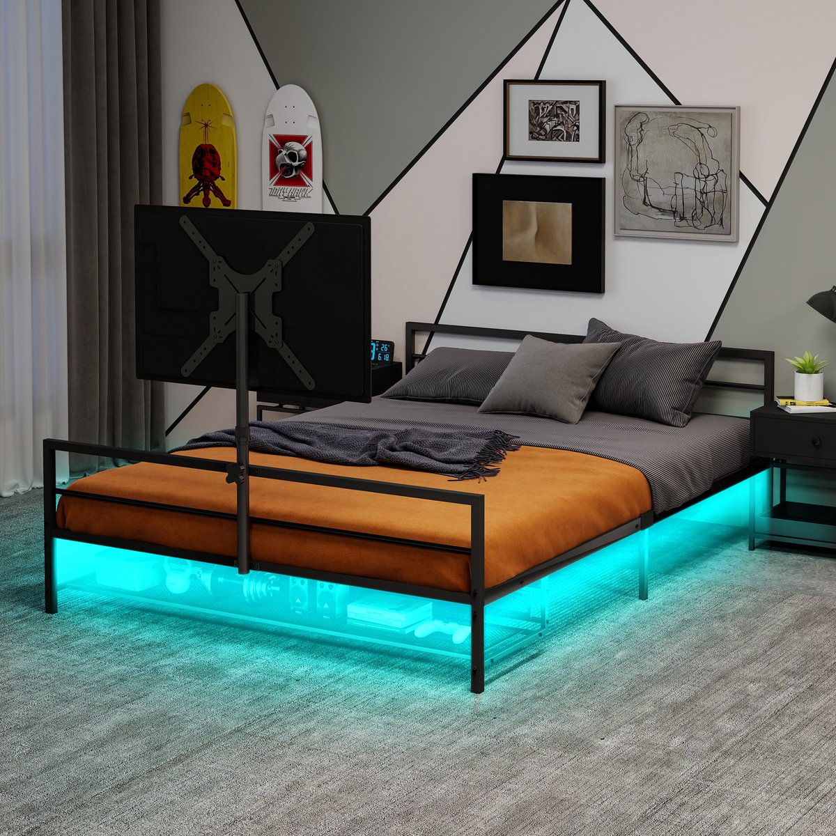 DESMIU Metaal Bed 206 Cm – Gamebed Met Verstelbare Monitorhouder En Ledverlichting – Onderbed Opbergruimte – Volwassenen – Zwart – Zonder Matras
