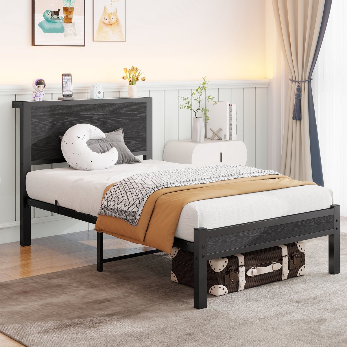 DESMIU Normaal Bed 90x200cm Zonder Matras Met Hoofdbord En Voetbord - Metalen Lattenbodem - Opbergruimte Onder Het Bed - Voor Slaapkamer - MDF En Metaal - Zwart