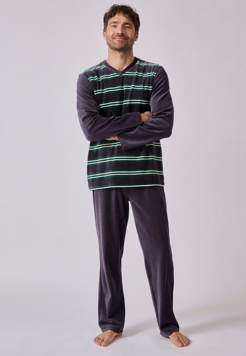 Damart - Gestreepte velours pyjama van katoenmix - Heren - Grijs - S